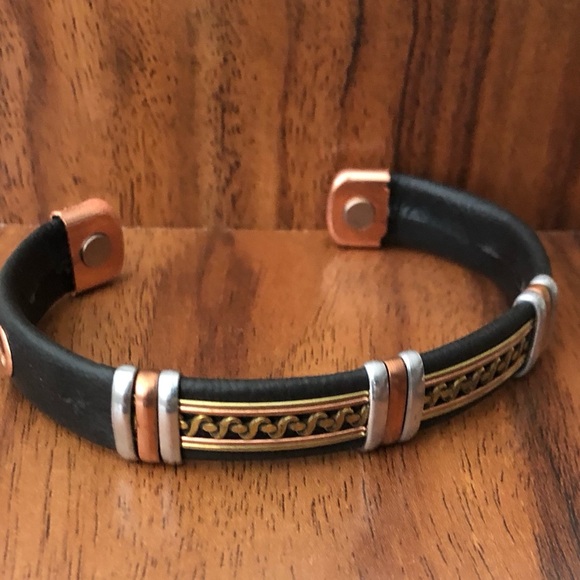 Two Tone Leather Wrapped Pure Copper Magnetic Bracelet Energy Cuff Bangle - Picture 4 of 6